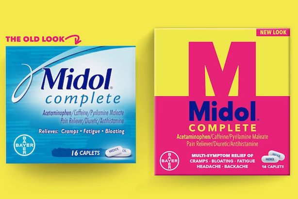 Before and after showing the old Midol branding and the new